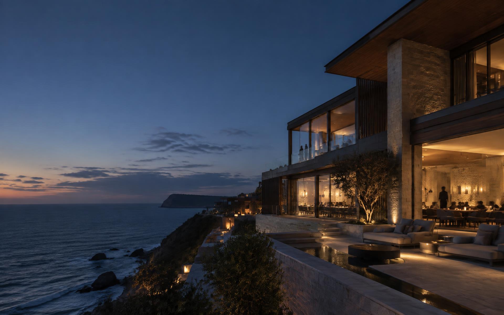 Contemporary coastal architecture at dusk